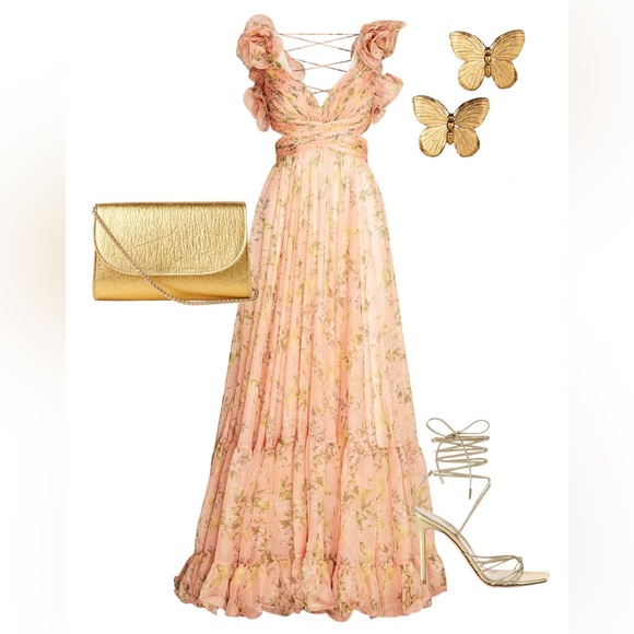 NWT Mac Duggal Spring Preview Tiered Ruffle Floral Cut-Out Chiffon | Pink/Mult - Picture 4 of 9